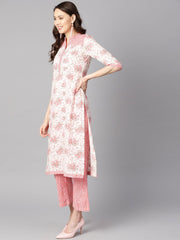 Off-white floral printed straight kurta with stripped yoke and cigratte pants.
