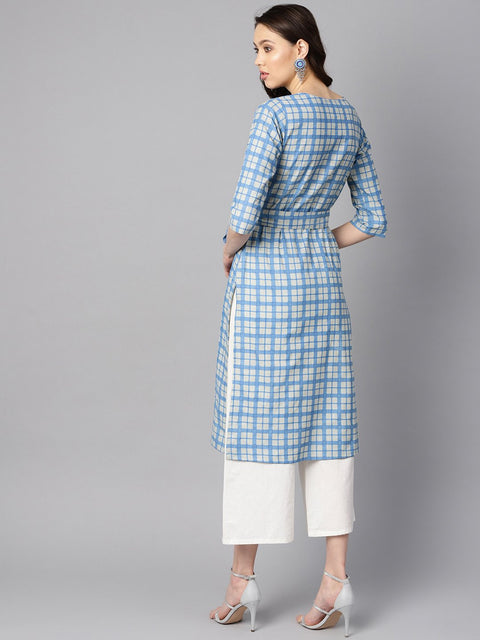 Blue colored checkered boat neck with front keyhole kurta with reversible belt.