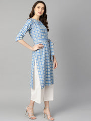 Blue colored checkered boat neck with front keyhole kurta with reversible belt.