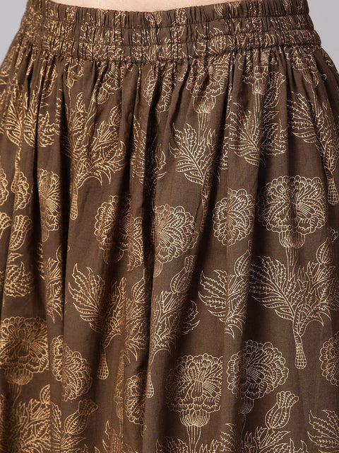 Maroon high-low Gold printed kurta with brown printed skirt