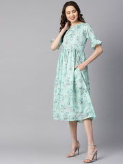 Sky blue floral Printed dress with flared sleeves