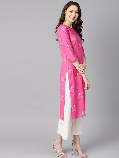 Pink round neck floral printed cotton straight kurta