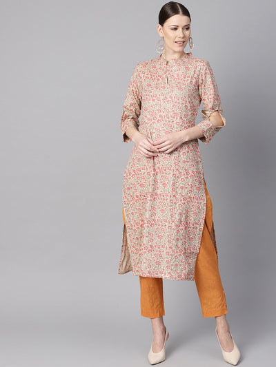 AASI - HOUSE OF NAYO Floral Printed Straight Kurta with 3/4 sleeves and cut-out detailing