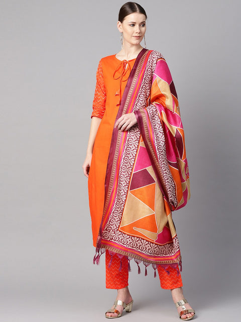 Solid Orange kurta with Pants & Multi coloured dupatta