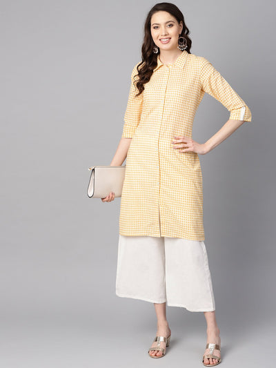 Yellow & white checked Kurta with Shirt collar & 3/4 sleeves