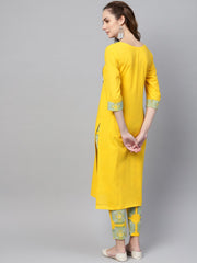Solid Yellow Kurta set With Front Printed Yoke & Printed Pants