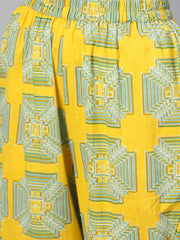 Solid Yellow Kurta set With Front Printed Yoke & Printed Pants