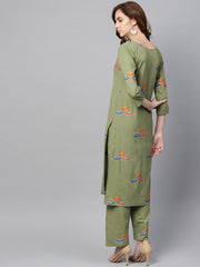 Pistachio Green 3/4th sleeve Printed Kurta Set with ankle length printed pants