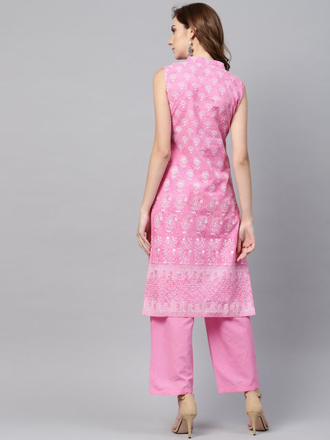 Pink Printed sleeveless Kurta set with solid Pants