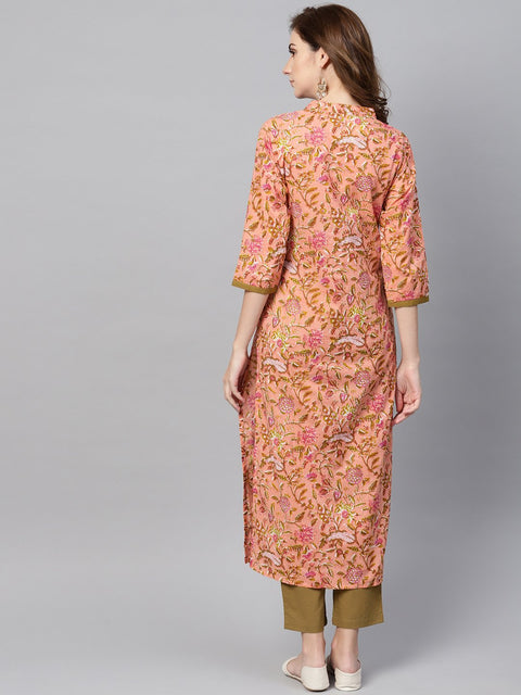 Peach Floral Printed Kurta with Solid Olive Green Pants