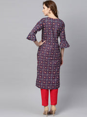Indigo Blue Multi Colored Printed Kurta Set with Solid Red Pants