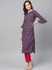 Indigo Blue Multi Colored Printed Kurta Set with Solid Red Pants