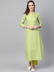 Green Stripped 3/4th sleeve Kurta Set With Solid Pants