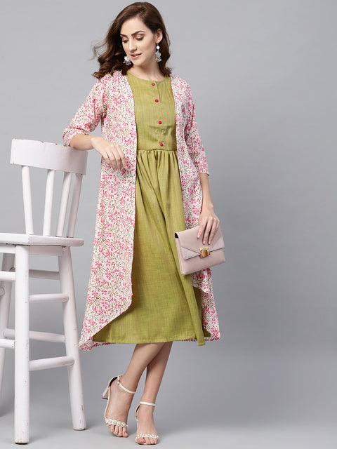Olive Green A-line Dress With White Floral Printed Jacket