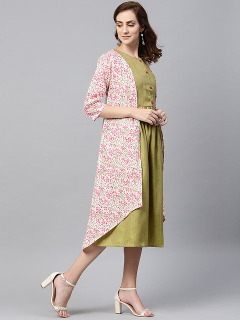 Olive Green A-line Dress With White Floral Printed Jacket