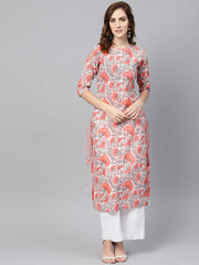 Women White & Coral Pink Floral Print Straight Kurta