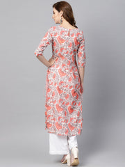 Women White & Coral Pink Floral Print Straight Kurta