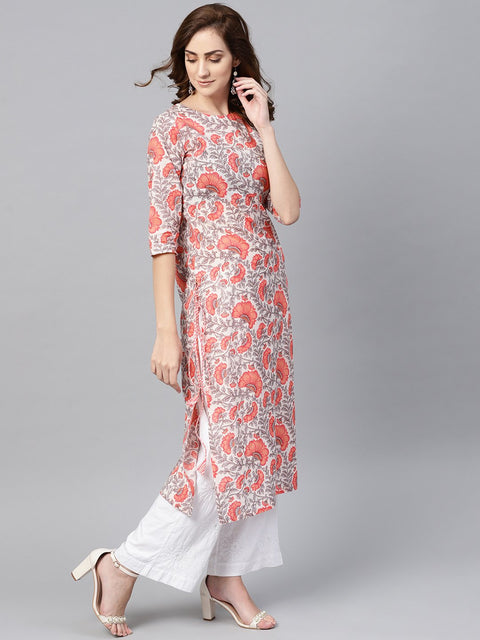 Women White & Coral Pink Floral Print Straight Kurta