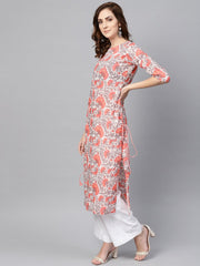 Women White & Coral Pink Floral Print Straight Kurta