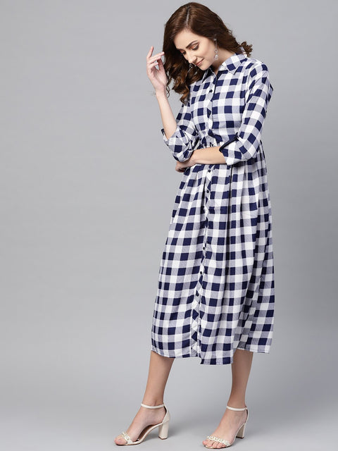 Electric Blue Checked Shirt Collar Dress with Front Placket & Cuff