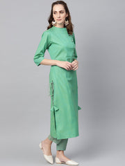 Turquoise Green Straight 3/4th sleeve cotton Kurta Set with Pants