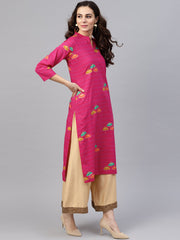 Pink 3/4th sleeve umbrella printed cotton kurta