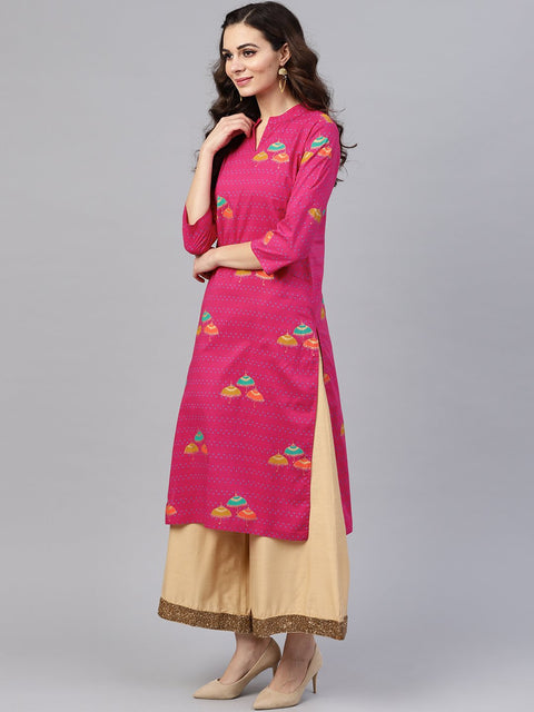 Pink 3/4th sleeve umbrella printed cotton kurta