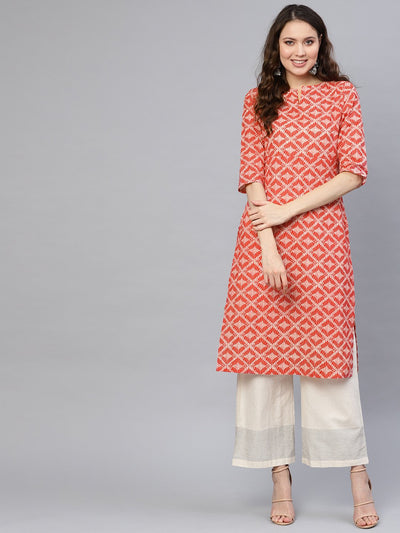 Beige printed 3/4th sleeve cotton straight Kurta