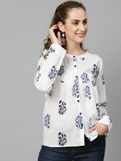 AASI - HOUSE OF NAYO White Navy blue Printed tunic with Mandarin collar & Full Sleeves