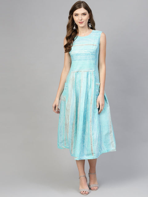 Sky blue Striped Sleeveless Dress with Round neck