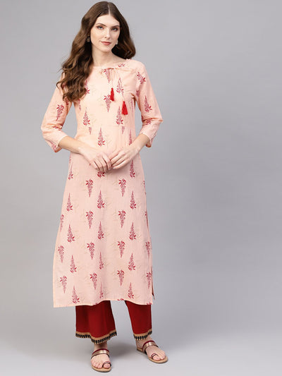 Peach & Red gold Printed Kurta with side keyhole neck & 3/4 sleeves