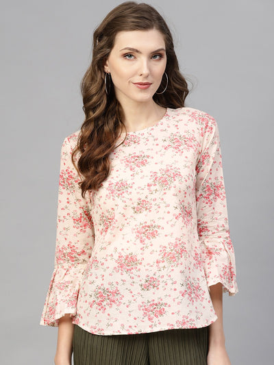 White & pink Floral printed top with Round neck & 3/4 Flared sleeves