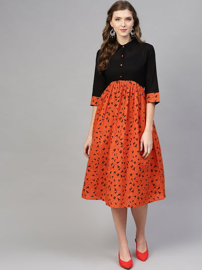 Orange & black Gathered Dress with shirt collar & 3/4 sleeves