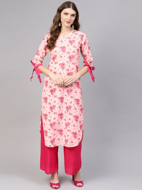 Peach Floral printed Kurta with V-neck & knot style sleeves