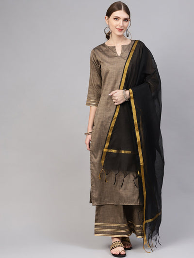 Dark Brown Straight Kurta set With Palazzo & Black chanderi Dupatta