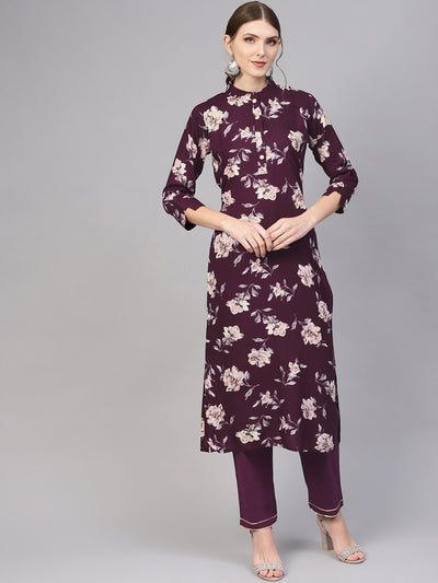 Dark Purple floral printed Straight kurta with straight pants
