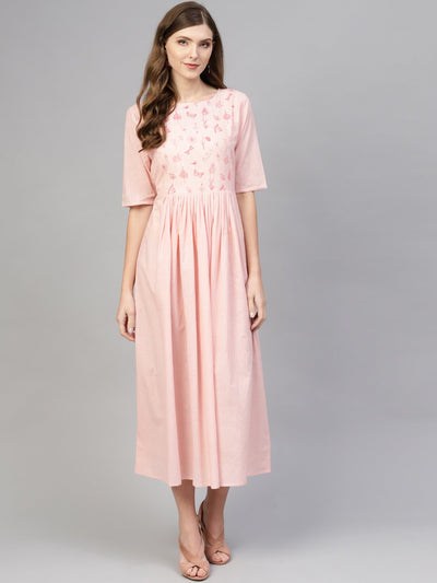 Light pink Round neck Dress with Printed Yoke & half sleeves