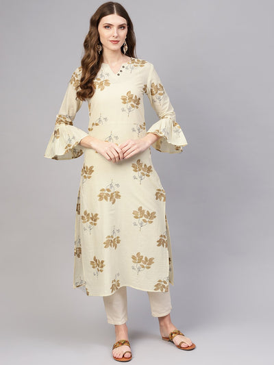 Cream Gold printed Straight kurta with Round neck & flared sleeves