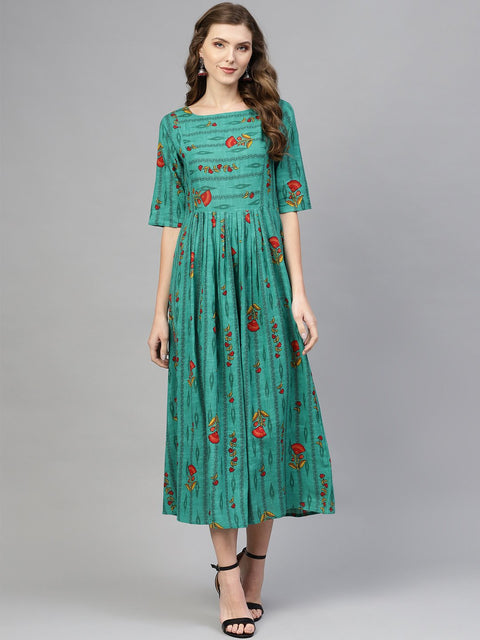 Green Ikat Printed Gathered dress with Round neck & 3/4 sleeves