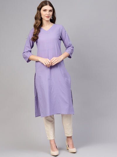 Purple Straight Kurta with V-neck & schifli cuffed Sleeves