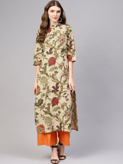 Beige Multi Colored printed straight kurta with Mandarin collar & 3/4 sleeves