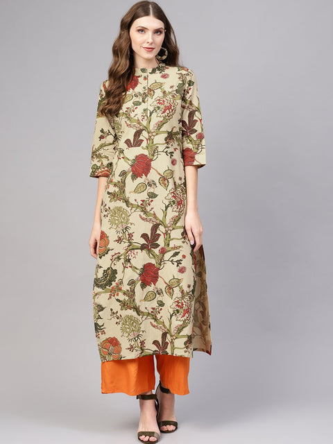 Beige Multi Colored printed straight kurta with Mandarin collar & 3/4 sleeves