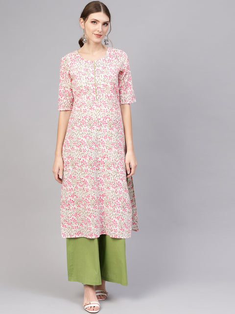 White & pink floral Printed Straight Kurta with Green Palazzo