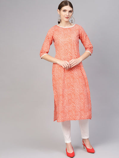White & Orange lehriya Straight Kurta set with White straight pants