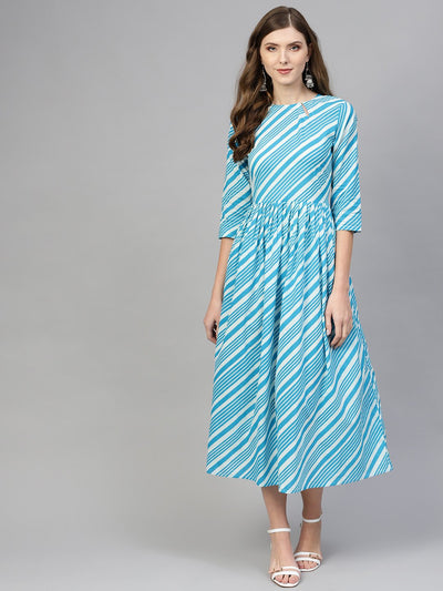 Blue & With diagonal striped dress with side keyhole & 3/4 sleeves