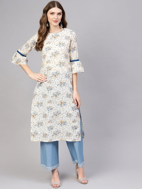 White & Blue floral printed Straight Kurta with Round neck & flared sleeves