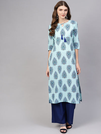 Sky Blue Printed round neck kurta with 3/4 sleeves