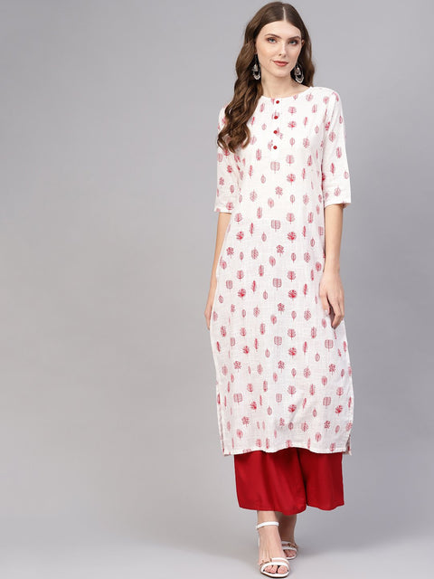 White & Red printed kurta with Round neck & 3/4 sleeves