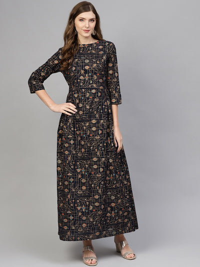 Navy Blue Gold printed Maxi dress with Round neck & 3/4 sleeves