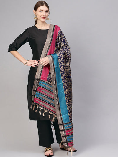 Black Straight Kurta with pants & Navy Blue printed Dupatta